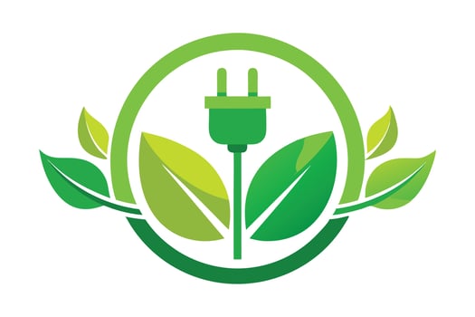 Green Energy Icon with Plug and Leaves in Circle on White Background vector