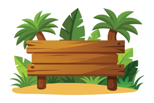 Tropical Wooden Signboard with Palm Trees and Green Leaves on White Background vector