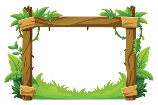 Cartoon wooden with tropical leaves and vines on a white background vector