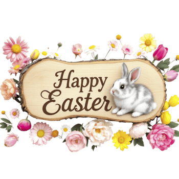 Easter bunny with flowers and wooden sign png