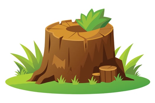 Cartoon Tree Stump with Green Plants and Grass in Isolated vector