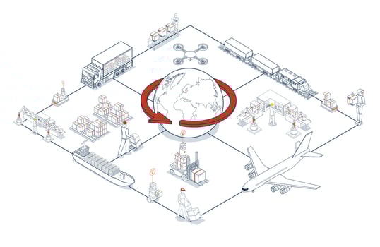 Global logistics network. 3D isometric scenes showing export-import operations via air, road, rail vector