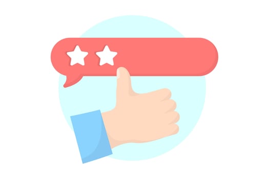 Thumbs up hand and two star rating. Shopping flat style icons in red and blue colors vector