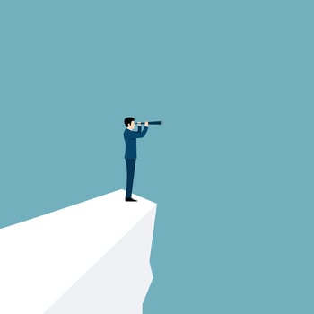 Visionary leadership concept with businessman looking through telescope from cliff vector