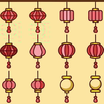 Collection of hanging Chinese lanterns in red and pink colors with gold accents a festive decoration vector