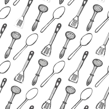 A Seamless Pattern of Hand Drawn Kitchen Utensils Spoons and Spatulas vector