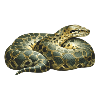 Coiled anaconda with patterned skin resting peacefully against a plain contrasting surrounding area transparent background png