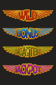 Egypt UI symbols set-WILD,Jackpot, Bonus and Scatter for casino or slots games. Egyptian golden wings icons vector
