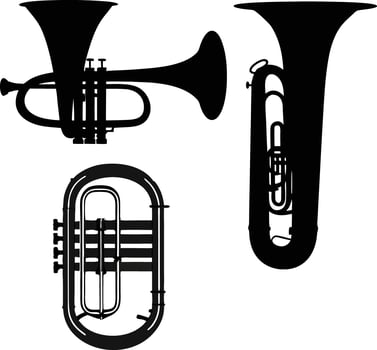 Silhouettes of Brass Instruments Trumpet Tuba and Euphonium vector