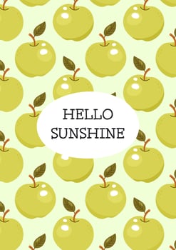 Hello sunshine text with seamless green apple fruit pattern background vector