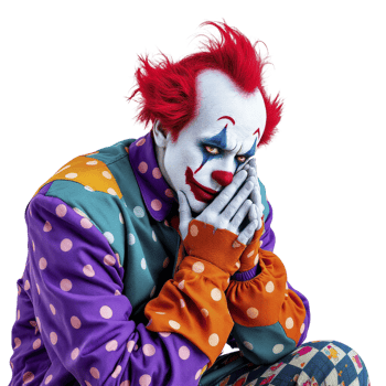 A clown sitting down with his hands on his face png