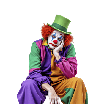 A clown sitting on a chair with his hands on his chin png