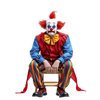 A clown sitting on a chair with his hands crossed png