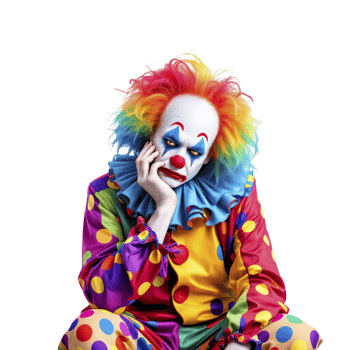 A clown sitting on the ground with his hands on his face png