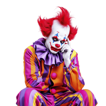 A clown sitting on the ground with his hand on his face png