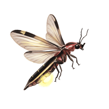 A glowing firefly with translucent wings against a plain surrounding area in a detailed illustration transparent background png