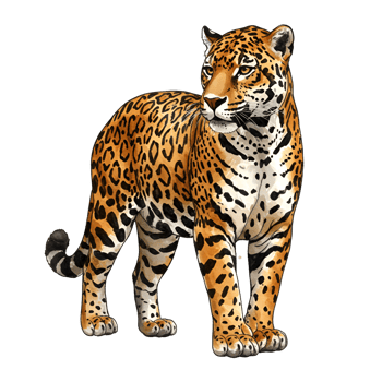 Illustration of a jaguar standing with its head turned looking to the side on a plain setting transparent background png