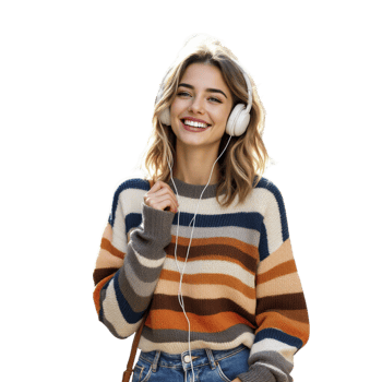A woman wearing headphones and a sweater png