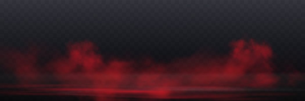 Realistic red smoke or haze, overlay effect on a dark background. Hot fire and flame, magic fog, vapor on floor. vector