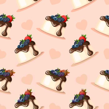 Delicate seamless pattern with hearts and hand drawn cholocate and berries pannacottas vector