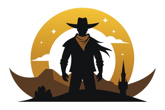 Cowboy Silhouette on a Desert Landscape with a Golden Sky and a Tower vector