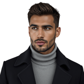 A man in a black coat and turtle neck sweater png