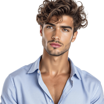 A man with curly hair in a blue shirt png