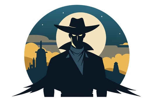 Mysterious Cowboy Figure with Hat against Moonlit Cityscape Silhouette Art vector