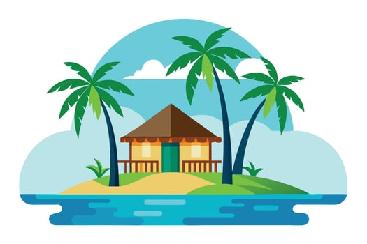 Cartoon Island Getaway with Palm Trees, Sandy Beach, and Beach Hut vector