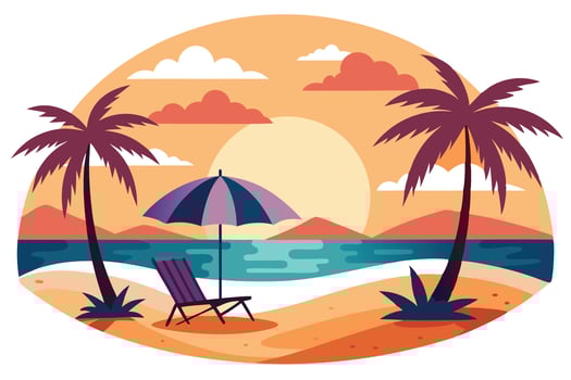 Tropical Beach Paradise Sunset with Palm Trees, Lounge Chair and Umbrella Art vector