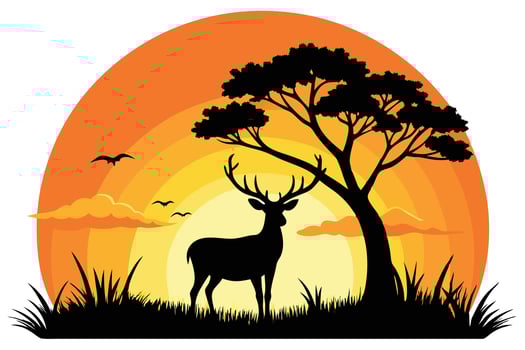 Silhouette Deer with Antlers, Tree, Birds, and Grass against Orange Sunset Landscape vector