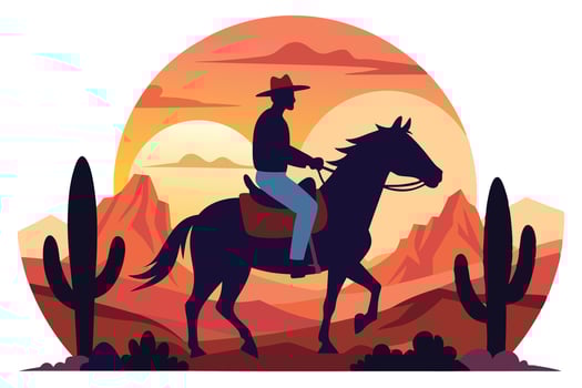 Cowboy Riding Horse Silhouette with Desert Sunset and Cactus vector