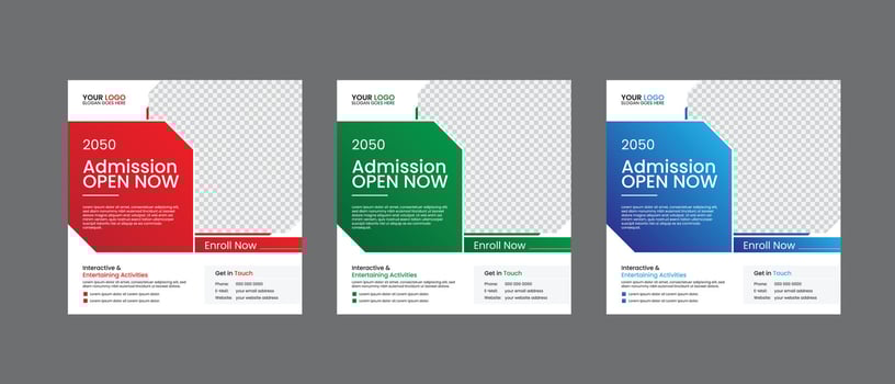 School admission open social media post design, back-to-school promotion square banner template, educational post kit vector