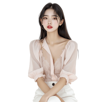 A woman in a pink blouse sitting on a chair png