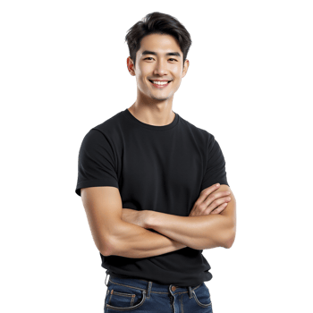 Asian man in black t-shirt standing with arms crossed png