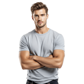 A man in a t - shirt and jeans standing with his arms crossed png