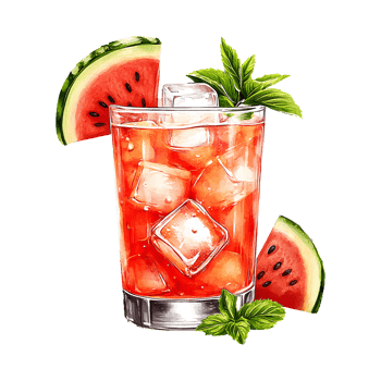 Glass of watermelon juice and slice of watermelon with mint and ice. Tasty fruit smoothie tropical cocktail or lemonade. Hand drawn illustration isolated on transparent background png