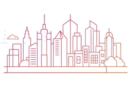 Minimalist cityscape line art, red and orange gradient, skyscraper outline, buildings vector