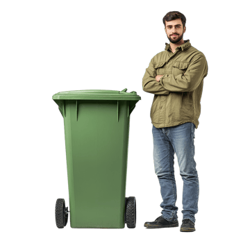 Man standing confidently next to green trash can in an isolated setting on a Transparent background, Man standing next to trash can isolated on background png