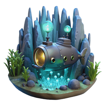 dramatic minimalist A Steampunk Submarine Navigating Through original png
