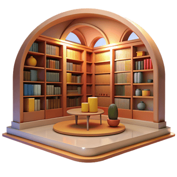 serene minimalist Library Interior Towering Bookshelves professional png