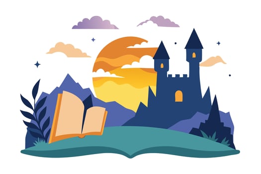 Open Book, Fairytale Castle, Sun, and Mountains on a Whimsical Landscape vector