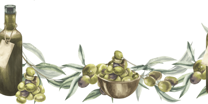 Olive branches with leaves,oil dark bottle and olives bunch in wooden plate watercolor seamless border. Floral repeated banner with Italian cuisine traditional ingredients for textile,fabric, design png