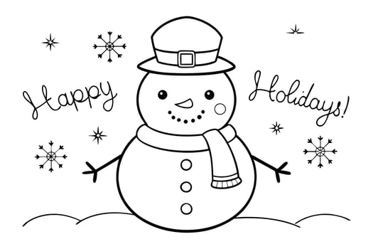 Festive Snowman Outline with Happy Holidays and Snowflakes on White Background vector