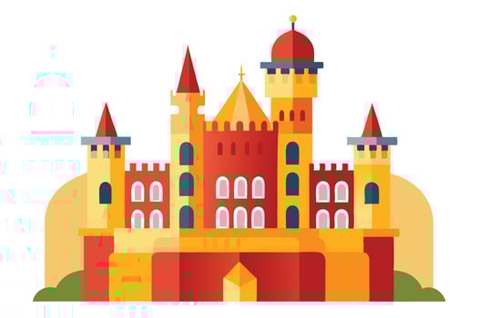 Flat Design of Colorful Fantasy Castle with Towers and Arches on White Background vector