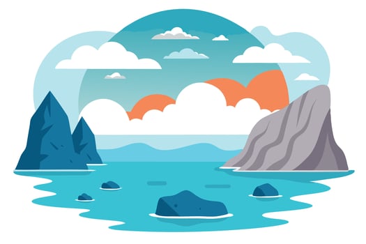 Serene Coastal with Blue Mountains and Rocks in Teal Water Flat Style vector