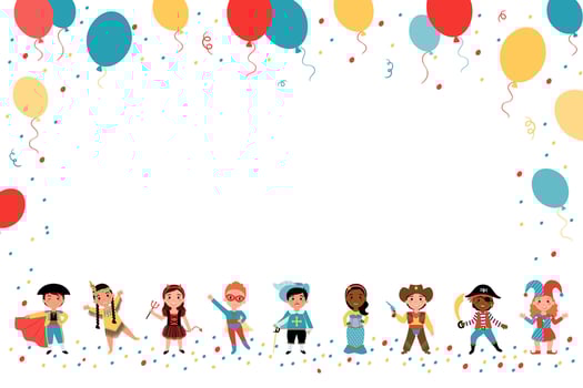 Festive background with a place for text from children in carnival costumes, colorful balloons and streamers. vector