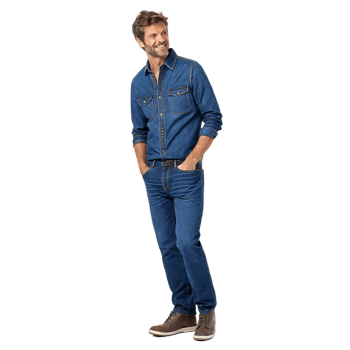 Smiling man in denim outfit, isolated. png