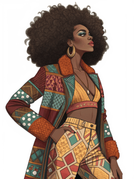 Afro woman with colorful patchwork fashion png