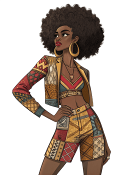 Stylish Afro Woman in Patchwork Outfit png